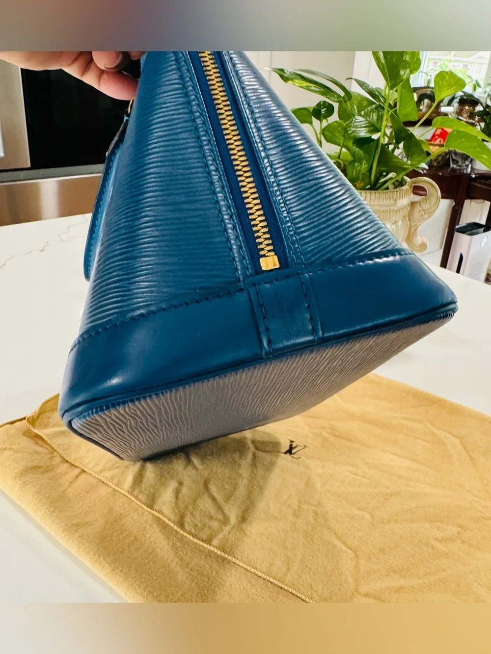 Louis Vuitton Blue Epi Alma Satchel with Gold Hardware